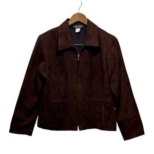 Soft Works Petites Vintage Suede Zip Up Long Sleeve Jacket Suit Top Brown
